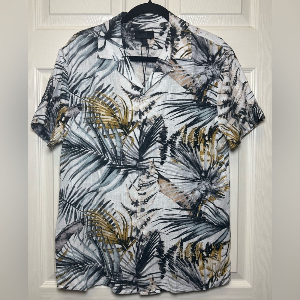 Magaschoni Men's Leaf Print Casual Shirt - Black, Gray, Gold